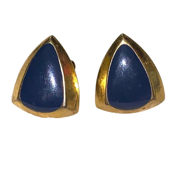 Vintage Navy Blue Enamel Gold Tone Pierced Earrings - Picture 2 of 3